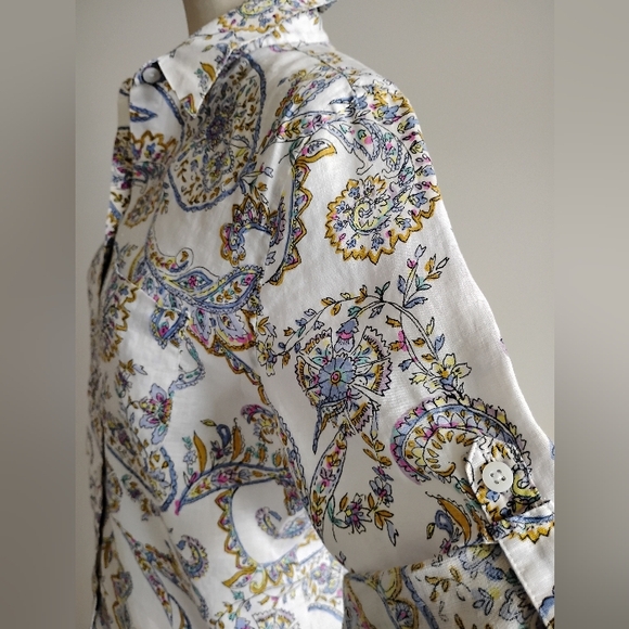 Chico's Linen Button Up Shirt Pastel Paisley White Coastal Classic Size Medium - Picture 7 of 14